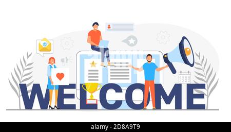 Willkommen Konzept flach Vektor foe Website. Glückliche kleine Menschen sind in der Nähe von riesigen Text. Cartoon Büro Teamarbeit und begrüßen Kunden im Online-Büro, Shop Stock Vektor