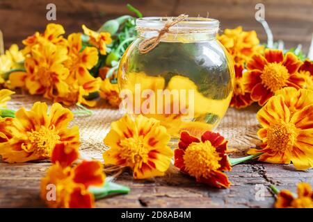 Die Tinktur der Blumen Tschernobrivzow im kleinen Glas. Selektiver Fokus.medizinisch Stockfoto