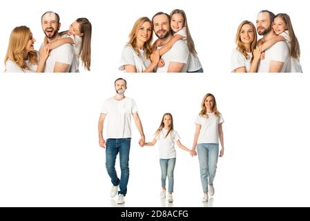 Collage von glücklich casual Familie umarmt, halten Hände beim Gehen isoliert auf weiß Stockfoto