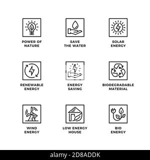 Vektor-Set von Design-Elementen, Logo-Design-Vorlage, Symbole und Abzeichen für Öko-Energie. Liniensymbole gesetzt, bearbeitbare Kontur. Stock Vektor