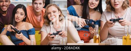 KIEW, UKRAINE - 28. JULI 2020: Collage von multiethnischen Freunden, die Videospiel spielen, Panoramaaufnahme Stockfoto