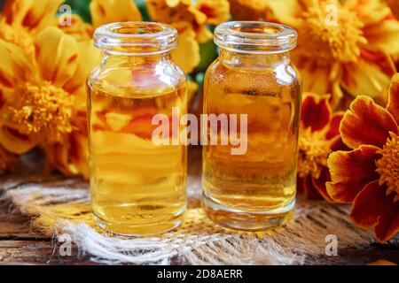 Die Tinktur der Blumen Tschernobrivzow im kleinen Glas. Selektiver Fokus.medizinisch Stockfoto