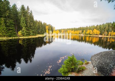 Malerischer Blick auf den Vogtlandsee im Herbst bei klarem Wetter. Die Szene spiegelt sich in der glatten Oberfläche des Wassers wider. Stockfoto