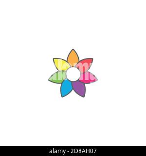 Helle bunte Sonnenblume mit grauem Umriss. Flache Ikone. Blüht mit großen scharfen Blütenblättern und rundem Kern. Isoliert auf Weiß. Vektorgrafik. Natur Stock Vektor
