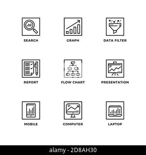 Vektor-Set von Design-Elementen, Logo-Design-Vorlage, Symbole und Abzeichen für die Datenanalyse. Liniensymbole gesetzt, bearbeitbare Kontur. Stock Vektor