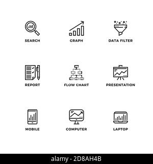 Vektor-Set von Design-Elementen, Logo-Design-Vorlage, Symbole und Abzeichen für die Datenanalyse. Liniensymbole gesetzt, bearbeitbare Kontur. Stock Vektor