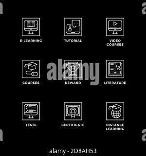 Vektor-Set von Design-Elementen, Logo-Design-Vorlage, Symbole und Abzeichen für Online-Bildung. Liniensymbole gesetzt, bearbeitbare Kontur. Stock Vektor
