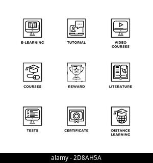 Vektor-Set von Design-Elementen, Logo-Design-Vorlage, Symbole und Abzeichen für Online-Bildung. Liniensymbole gesetzt, bearbeitbare Kontur. Stock Vektor