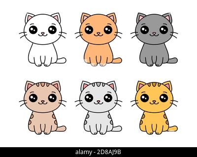 Set mit niedlichen Katzen. Cartoon kawaii Kitten Figuren Sammlung. Sechs Katzen in verschiedenen Farben. Gruppe von Katzen mit verschiedenen Mustern. Isoliert auf Weiß Stock Vektor