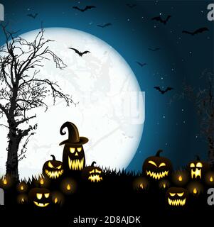 Spooky Halloween toter Baum mit unheimlichen Kürbisse vor einem Vollmond mit Fledermäusen Stock Vektor