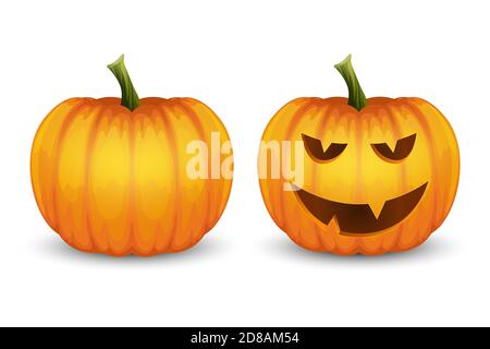 Vektor Cartoon Halloween Pumpkin Laterne. Lustiges Gesicht und blank. Nahaufnahme auf weißem Hintergrund isoliert einstellen. Vorderansicht. Designvorlage. Herbstferien Stock Vektor