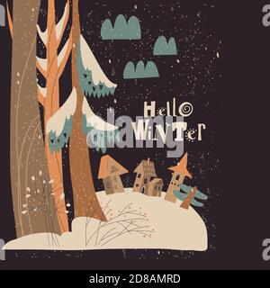 Winternachtslandschaft mit kleinem Dorf im Wald Stock Vektor