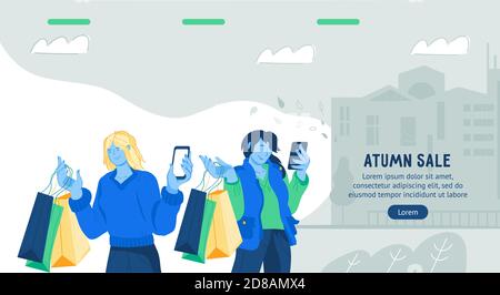 Website Banner für Herbst saisonalen Verkauf mit Frauen in der Stadt flache Vektor-Illustration. Stock Vektor