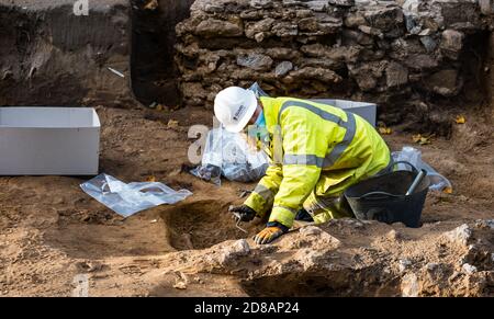 Archäologische Grabung von mittelalterlichen Skelett in Grabstätte, Constitution Street, Leith, Edinburgh, Schottland, Großbritannien während der Straßenbahnlinie Bauarbeiten Stockfoto