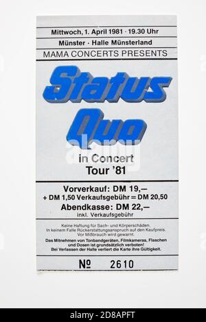 Ticket Stub für Status Quo in Konzert-Welttournee 1981. 1. April 1981 in der Halle Münsterland, Münster. *Dies ist ein Stockfoto, kein Ticket! Stockfoto