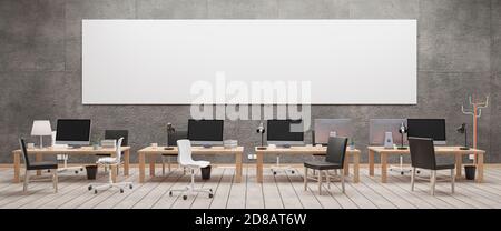 Modernes Büro mit Computer Mockup. Schwarzer Bildschirm. 3d-Illustration Stockfoto
