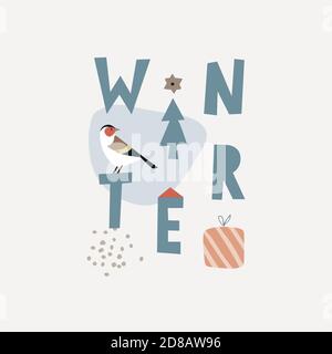 Trendy Weihnachten Grußkarte, Einladung. Wintertext mit Goldfinkenvogel, weihnachtsbaum und Geschenkbox. Freihand moderne minimalistische Vektor-Zeichnung Stock Vektor