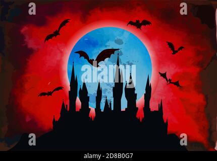 Alte Burg und Mond. Fliegende Fledermäuse. Frohe Halloween. Vektorgrafik Stock Vektor