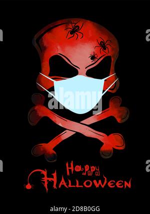 Totenkopf rot mit Knochen. Schädel in einer medizinischen Maske. Frohe halloween. Vektorgrafik Stock Vektor