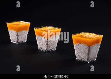 Vorderansicht von frischem Pudding mit natürlicher Bio-Sojamilch, Chiasamen und Mangopüree auf dem Belag. Nahaufnahme von kühlen Dessert mit Kokosnussscheiben dekoriert, isoliert auf schwarzem Hintergrund. Stockfoto