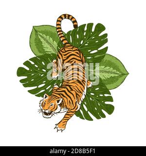 Japanische Tiger mit tropischen Blättern. Wildes Tier mit grünen Pflanzen. Banner oder Poster für Werbung oder Web. Stock Vektor