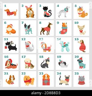 Weihnachtsadventkalender mit Hunden. Lustige Weihnachts-Poster mit Welpen, Hunde tragen Winterkleidung, Weihnachtszubehör Stock Vektor