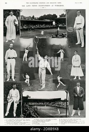 Wimbledon, 1913 Berichterstattung über die Eröffnung der Lawn Tennis Championships im Juli mit Fotos von Männern und Frauen einschließlich Herren Champion Anthony Wilding Stockfoto