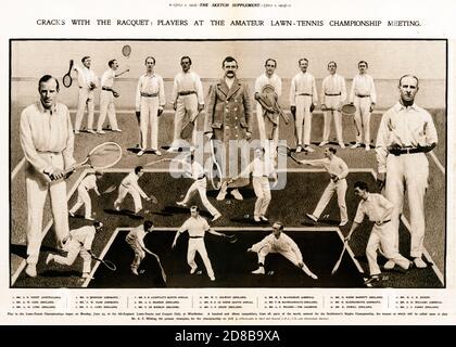 Wimbledon Players, 1913 Zeitschriftenbeilage mit Portraits aller führenden Männer-Konkurrenten bei den Lawn Tennis Championships, die um den Champion Anthony Wilding wetteifern Stockfoto