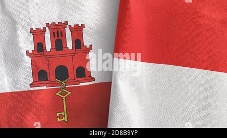 Indonesien und Gibraltar zwei Flaggen Textil-Tuch 3D-Rendering Stockfoto