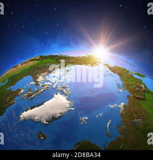 Oberfläche des Planeten Erde von einem Satelliten aus betrachtet, fokussiert auf Nordpol und Arktischen Ozean. Globale Erwärmung auf Grönland. Von der NASA eingerichtete Elemente Stockfoto
