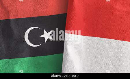 Indonesien und Libyen zwei Flaggen Textil-Tuch 3D-Rendering Stockfoto
