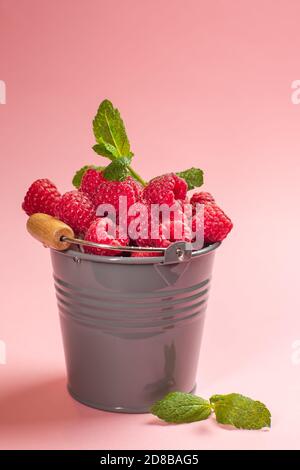 Reife Himbeeren in einem grauen Eimer auf rosa Hintergrund serviert Als gesundes Dessert der Saison Stockfoto