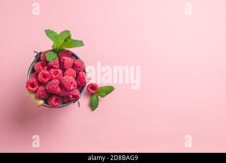 Reife Himbeeren in einem grauen Eimer auf rosa Hintergrund serviert Als gesundes Dessert der Saison Stockfoto