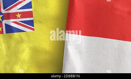 Indonesien und Niue zwei Flaggen Textil-3D-Rendering Stockfoto