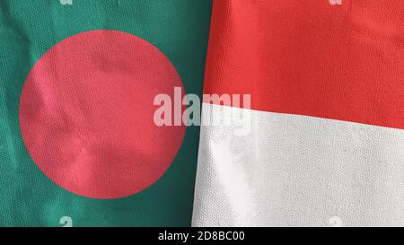 Indonesien und Bangladesch zwei Flaggen Textil-Tuch 3D-Rendering Stockfoto