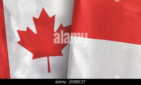 Indonesien und Kanada zwei Flaggen Textil-Tuch 3D-Rendering Stockfoto