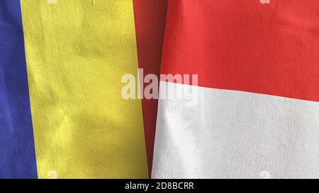 Indonesien und Rumänien zwei Flaggen Textil-Tuch 3D-Rendering Stockfoto