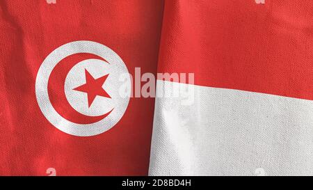 Indonesien und Tunesien zwei Flaggen Textil-Tuch 3D-Rendering Stockfoto