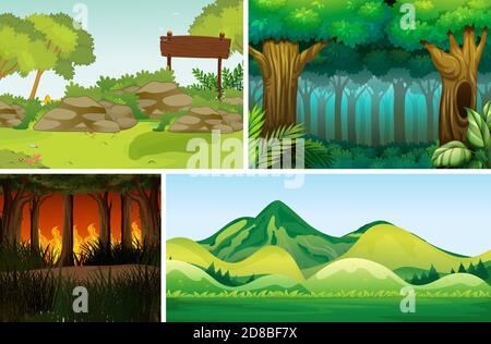 Vier verschiedene Naturkatastrophen Szenen von Wald Cartoon Stil Illustration Stock Vektor