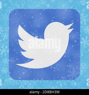 VORONEZH, RUSSLAND - 28. NOVEMBER 2020: Twitter Logo Quadrat Symbol auf Weihnachten Hintergrund von Schneeflocken in hellblauen Farben Stock Vektor