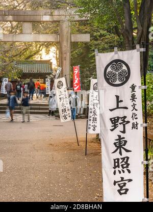 tokio, japan - oktober 20 2020: Wimpel mit dem Wappen der Tokugawa Shoguns am steinernen Torii-Tor des Ueno Tōshō-gū-Schreines, das dem ersten Shog gewidmet ist Stockfoto