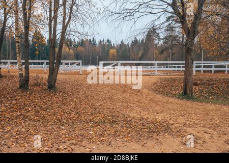 Weißer Zaun im Hintergrund der Natur. Stockfoto