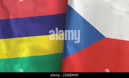 Tschechische Republik und Mauritius zwei Flaggen Textil Stoff 3D-Rendering Stockfoto