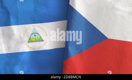 Tschechische Republik und Nicaragua zwei Flaggen Textil Stoff 3D-Rendering Stockfoto