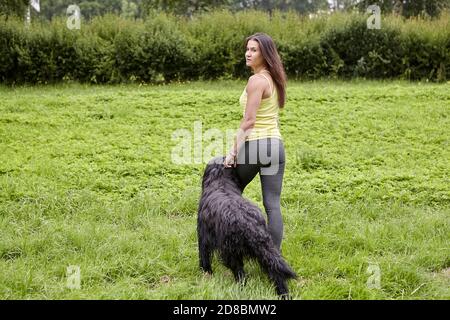 Rückansicht auf junge Frau und zottelige briard beim Hundespaziergängen im Park. Stockfoto