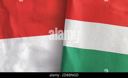 Ungarn und Indonesien zwei Flaggen Textil-Tuch 3D-Rendering Stockfoto