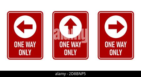 Set von One Way Only Vertikale Warnzeichen Poster-Symbol mit Richtungspfeil und Text. Vektorbild. Stock Vektor