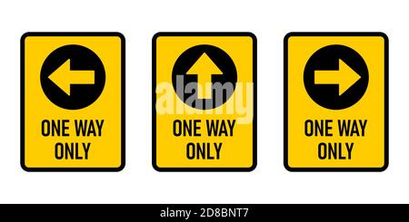 Set von One Way Only Vertikale Warnzeichen Poster-Symbol mit Richtungspfeil und Text. Vektorbild. Stock Vektor