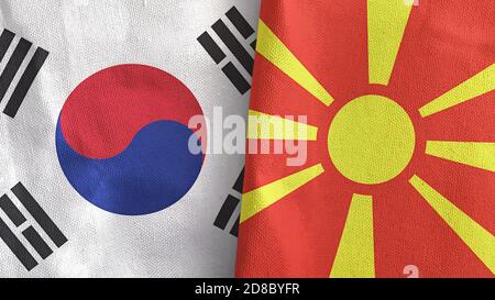 Nord-Mazedonien und Südkorea zwei Flaggen Textil Tuch 3D Rendering Stockfoto