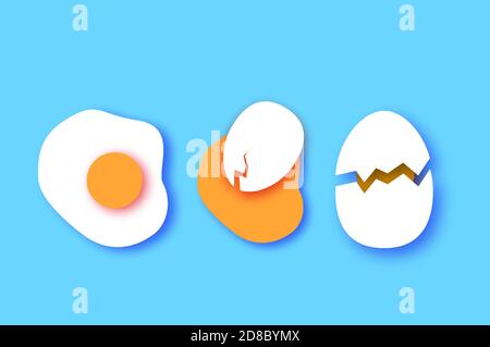 Eier in der Schale, Risse, Hälfte. Zerbrochenes Ei und Eigelb. Landwirtschaftliche Produkte. Fast Food. Naturprodukt. Omelette im Papercut-Stil. Blauer Hintergrund. Stock Vektor